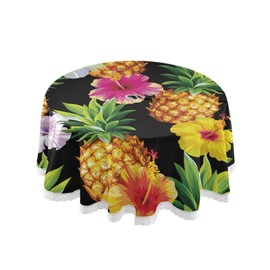 JUMBEAR Pineapple Tropical Flower Black Outdoor Round Tablecloth Polyester Circular Table Cloth Water Resistant Spill Proof Large Table Cover for Dining Kitchen Party 60inch