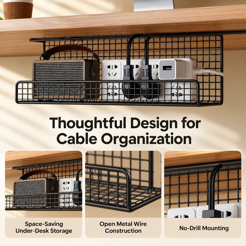 Under-Desk Cable Management Tray for Cord & Power Strip Storage
