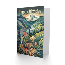 Artery8 Birthday Card Lily Flowers Scenic Mountain Landscape Sunrise for Her Gran Sister Niece Daughter Wife Woman Greeting Card