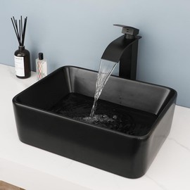KECTIAKL Bathroom Vessel Sink 16 Inch Black Ceramic Sink Bowl,Above Counter Rectangular Bathroom Sink with Waterfall Faucet and Pop-up Drain Combo