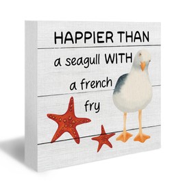 DUXMNAMG Funny Seagull Beach Wood Box Sign - Summer Ocean Starfish Bird Desk Shelf Decor, Happier Than a Seagull with a French Fry Funny Wooden Block Plaque Box Sign for Home Room Table Decor