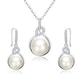 Brilove 925 Sterling Silver Pearl Necklace Earrings Set for Women, Cubic Zirconia Freshwater Cultured Jewelry Pendant Dangle Clear Silver-Tone, Birthday Mother's Day Gift