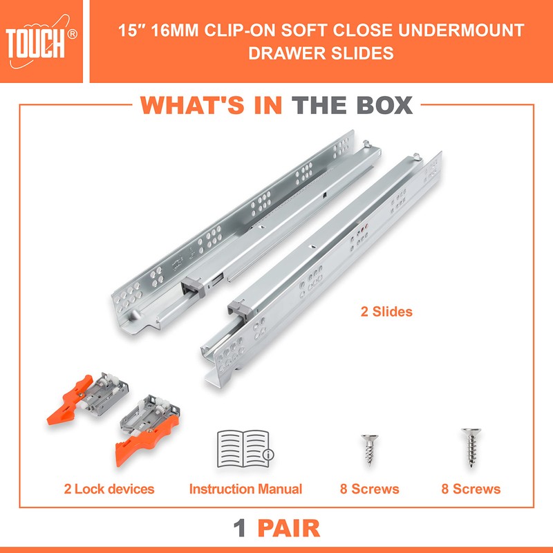 TOUCH Undermount Drawer Slides, Self-Soft Close (1 Pair, 15 Inch