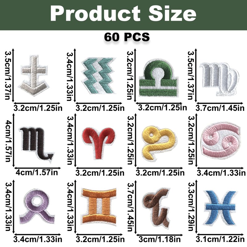 60PCS Zodiac Signs Iron on Patches, Constellations Appliques for DIY