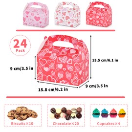 Gatherfun 24 Pieces Valentine's Day Hot Pink Heart Love Treat Box Candy Boxes Goodies Boxes Cardboard Present Boxes with Handles for Birthday Party Anniversary Favors, 6 x 3.5 x 3.5 Inches, 3 Designs
