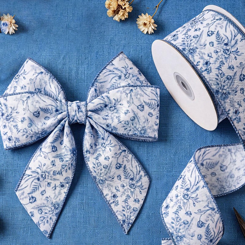 woric Blue Floral Wired Ribbon 2.5 Inch x 15 Yards