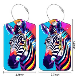 Set of 2 Luggage Tags for Suitcase Colorful Zebra PU Leather Travel Baggage Tag with Stainless Steel Loop for Men Women Travel Bag Suitcase with Name ID Label Set Full Privacy Cover