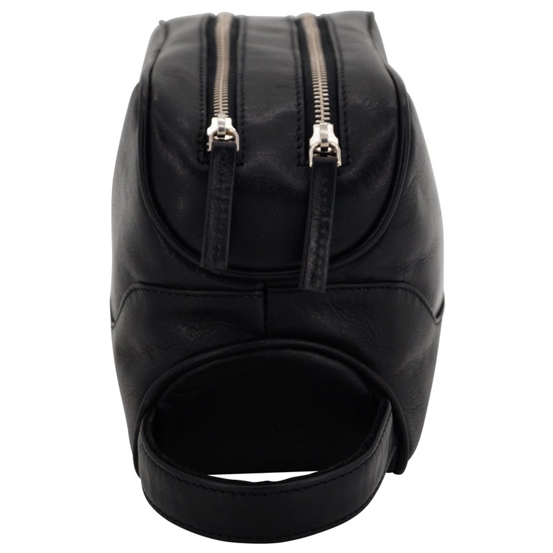 GERMANUS Black Leather Toiletry Bag, black, Toiletry bag with zips