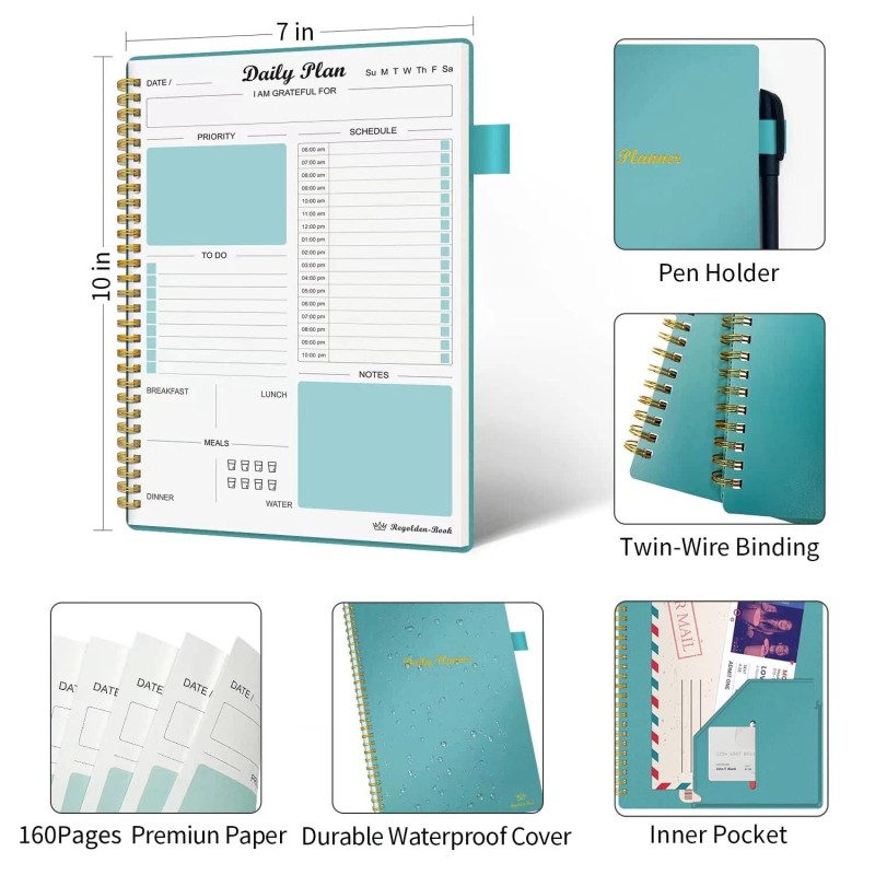 Regolden-Book Daily Planner Undated, To Do List Notebook with Hourly