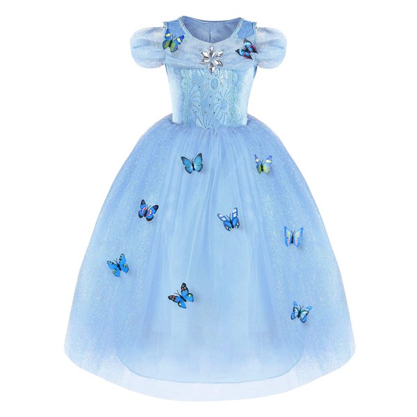 URAQT Fille Robe Papillon Cinderella Princess Robe La Reine des Neiges Elsa Costume Bleu, Bleu, Taille 130 pour les 5-6 ans