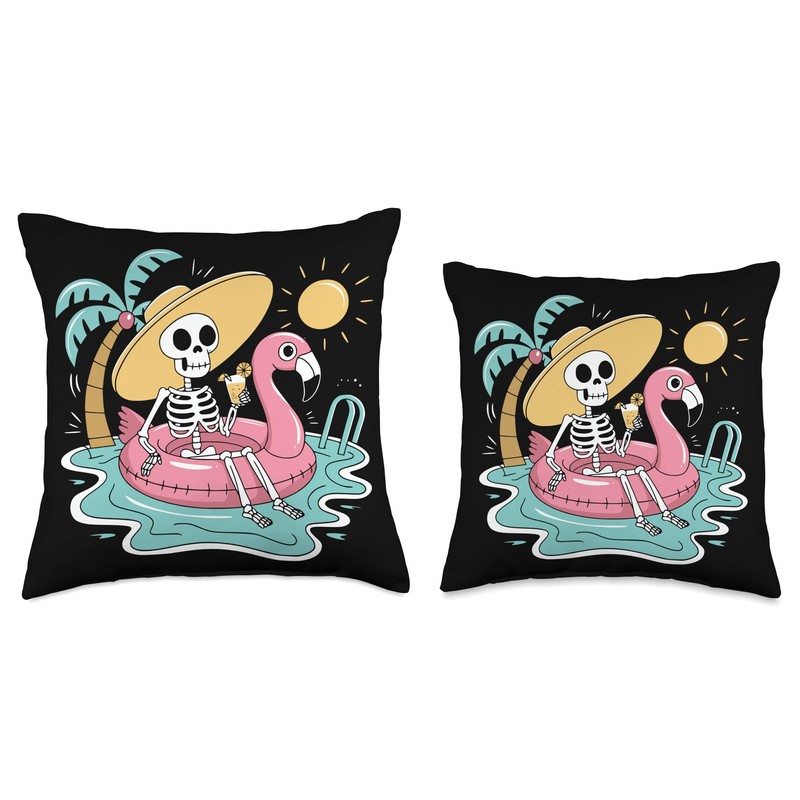 Skeleton Pool Flamingo Throw Pillow