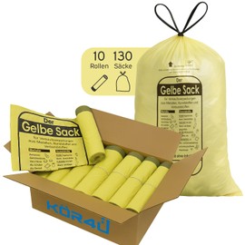 kör4u Yellow Sack with Drawstring - 10 Rolls (130 Pieces), 90 Litre Rubbish Bags, 15 Micron Thick, Tear-Resistant, Recycling Bags for Packaging Waste