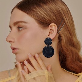 Leeniuniu Handmade Statement Raffia Earrings Boho Rattan Dangle Earrings Straw Wrap Summer for Women (Black)