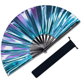 Raveahem Glitter Large Rave Folding Clack Hand Fan with Holster for Men Women Handheld Fan for EDM,Festival,Club,Party,Dance (Holographic Blue-Purple, 13")