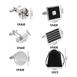 5 Pairs Stainless Steel Cufflinks 1 Storage Bag Shirt Suit Cufflinks Mens Suit Cufflinks (Black and Silver), Stainless Steel, Stainless Steel