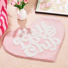 ELDONE Self Love Club Rug Heart Shaped - 37" x 29" Cute Bath Mat Non Slip, Funky Aesthetic Groovy Small Accent Rugs for Bedroom Bathroom, Girls Preppy Room Decor, Pink and White Heart Rug