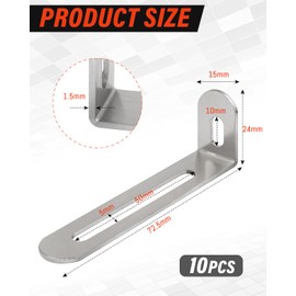 Jeboler Angle Connectors 72.5 x 24 x 15 mm, Pack of 10 Angle Connector with 2 Oblong Hole Corner Angle Support, L-Shaped Mounting Angle Furniture Corner Angle 90° Mounting Angle Adjustment Angle for