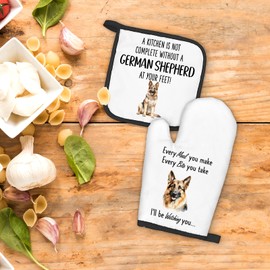 FIicy German Shepherd Gifts Dog Oven Mitts and Pot Holders Sets, German Shepherd Decor Kitchen Accessories Sets, Complete Without a German Shepherd Heat Resistant Oven Glove Potholders for Kitchen