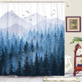 Accnicc Blue Misty Forest Shower Curtain Set Ombre Navy Blue White Waterproof Fabric Shower Curtains Nature Tree Mountain Woodland Decorative Bathroom Bath Curtain Decor (72'' × 72'', Blue)