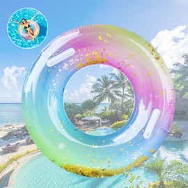 Pukitt Adult Swimming Ring, Rainbow Sequins Swimming Ring with Handle, Transparent Floating Ring, Durable Inflatable Pool Swimming, Swimming Ring Tube for Summer Pool Party