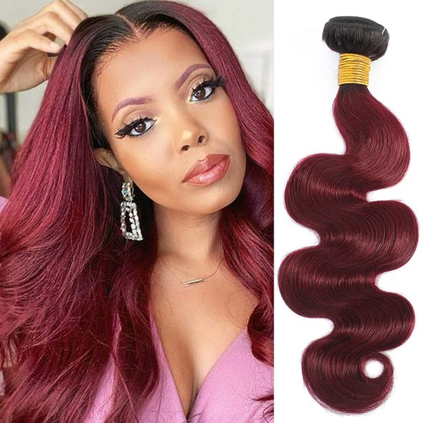 Feelgrace Brazilian Hair Body Wave Weave Bundles 1 Piece 18 Inch Bundles Ombre Bundles 99J Bundles Natural Black to Red Body Wave Human Hair Extension Bundles (18 Inch)