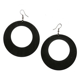 Idin Drop Earrings - Black large round wooden hoop dangle earrings (Length approx. 85 mm, wood diameter: 65 mm.)
