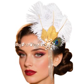 Formery 1920s Headband White Feather Flapper Headpiece Rhinestone Tassel Gatsby Accessories for Women