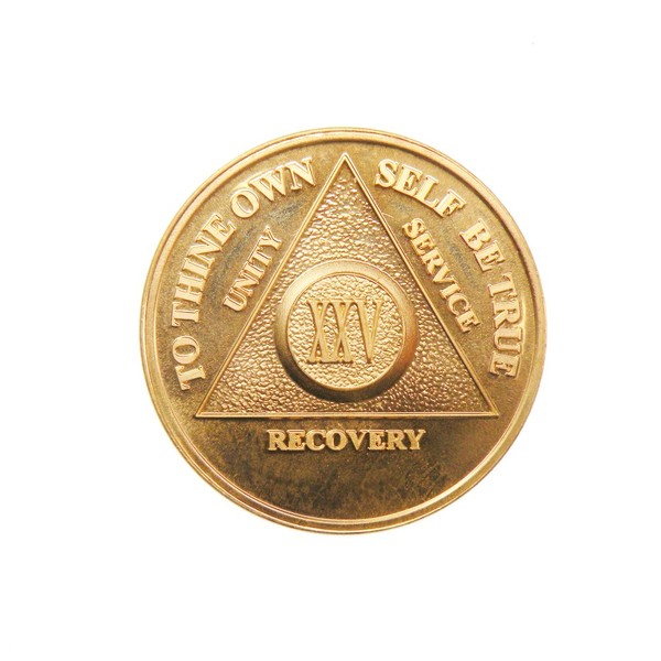 25 Year 24K Gold Plated AA (Alcoholics Anonymous) - Sober / Sobriety / Birthday / Anniversary / Recovery / Medallion / Coin / Chip