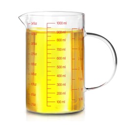 WhiteRhino 4Cup/1000ML Glass Liquid Measuring Cup With Handle,High Borosilicate Glass Three Scales (OZ, Cup, ML/CC) for Kitchen or Restaurant, V-Shaped Spout Glass Measuring Beaker,Easy To Read(34oz)
