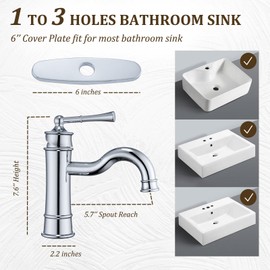 NAUKWAN Roman Bathroom Sink Faucet, Single Handle 1 or 3 Hole Vanity Basin Faucets with Deck Plate, Vintage Long Arc Spout Solid Brass Faucet with Pop-up Drain Assembly Polished Chrome NL-2201CP