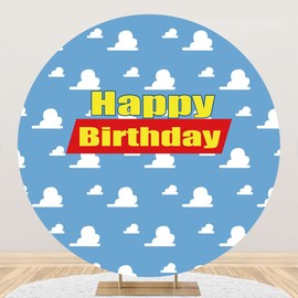 Leyiyi 7.2x7.2ft Cartoon Happy Birthday Round Backdrop Blue Sky White Clouds Round Background for Photography Children Kids Baby Boy Birthday Party Banner Decor Photo Studio Booth Props