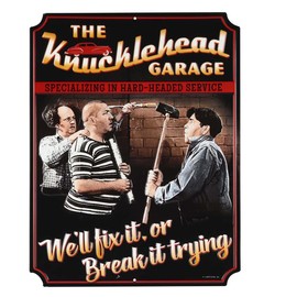 The Three Stooges Knucklehead Garage We'll Fix It Embossed Metal Sign - Funny Three Stooges Wall Decor - Great Gift Idea