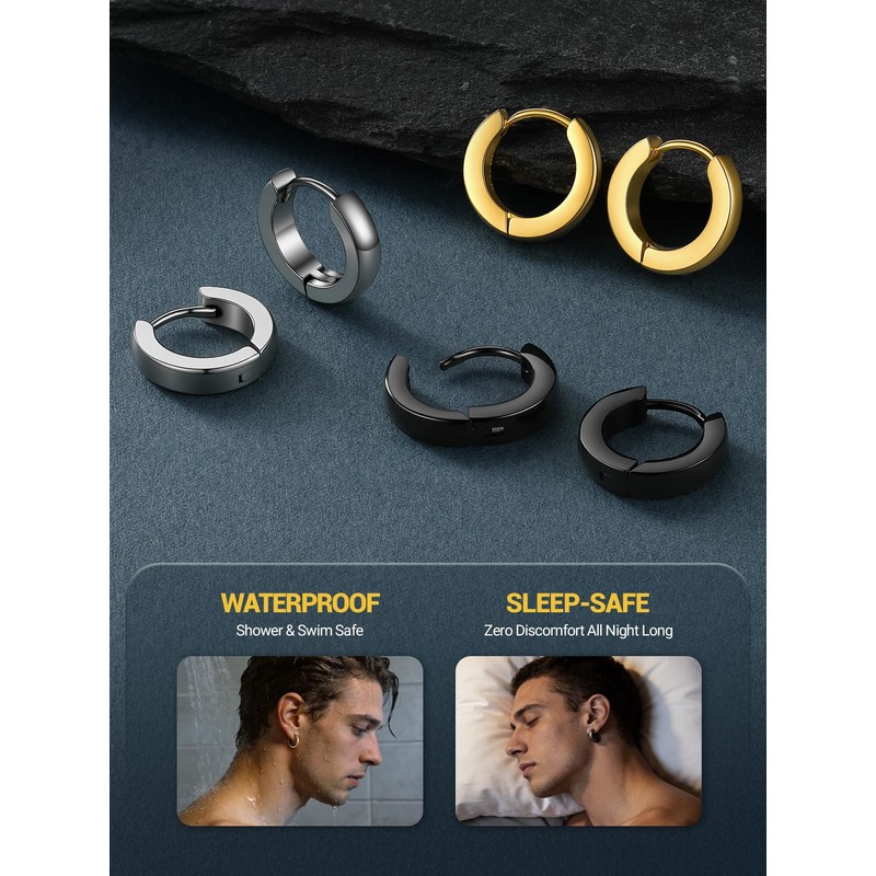 PROSTEEL Hoop Earrings for Men, 9mm Stainless Steel Small Silver