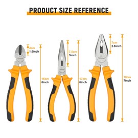 Hoteche Pliers Set with 3-Piece Set - 160 mm Combination Pliers, 180 mm Side Cutters, 160 mm Long Nose Pliers - Yellow and Black Ergonomic Handle - High Quality Hand Tool Set