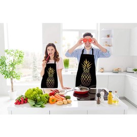 Beabes Sunset Beach Pineapple Chef Apron 27 X 31 Inch Abstract Gold Tropical Fruit Ocean Nature Landscape Non-Pilling Bib Apron for BBQ Grilling Gardening with Adjustable Neck Strap