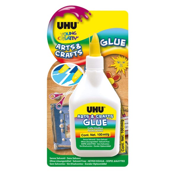 UHU 3-38996 Young CREATIV' Arts & Crafts, Solvent Crafts Glue with a Convenient Built-in Spatula, Blister 100gr, Clear, 100 ml