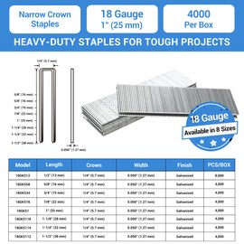 meite 18 Gauge 1/4-Inch Narrow Crown Staples, 1-Inch Length Heavy Duty Galvanized Upholstery Staples for Electric or Pneumatic Narrow Crown Stapler Guns (10 Boxes)
