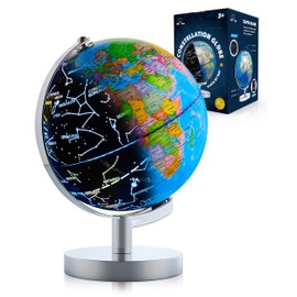 USA Toyz Illuminated Globe for Kids Learning- Globes of the World with Stand 3-in-1 STEM Kids Globe, Constellation Night Light Desk World Globe Lamp Built-in LED Light, Non-Tip Metal Base, 9.75” Tall