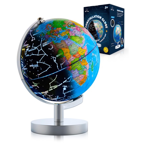 USA Toyz Illuminated Globe for Kids Learning- Globes of the World with Stand 3-in-1 STEM Kids Globe, Constellation Night Light Desk World Globe Lamp Built-in LED Light, Non-Tip Metal Base, 9.75” Tall