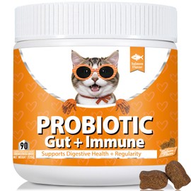 Daily Probiotics for Cats - 90 Salmon Flavored Soft Chews with Natural Pumpkin Powder for Healthy Gut & Sensitive Tummy. Reduces Scooting, Loose Stools, Smelly, Itchy Ears for Small, Medium Cats
