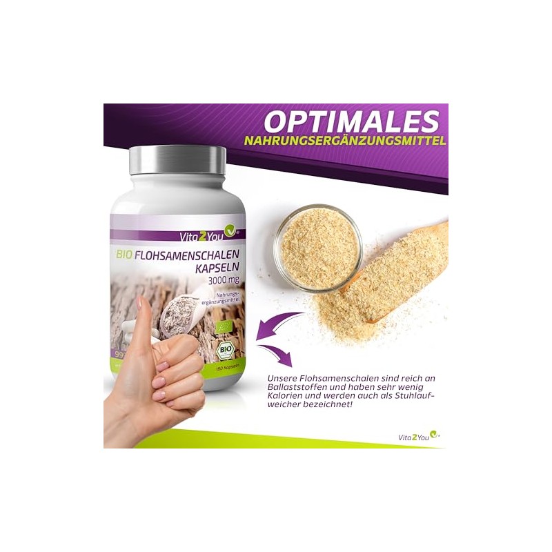 Vita2You Psyllium Husks Organic Capsules 3000 mg - 180 Capsules