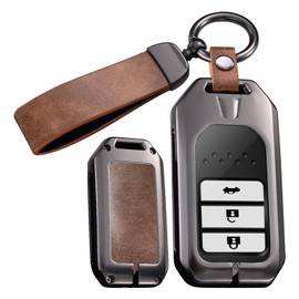 ontto Compatible with Honda Key Fob Skin 360 Degree Protection,Metal and Leather Key Holder with Keychain for Civic Accord Pilot CRV HRV CRZ Fit Odyssey JED Crosstour Ridgeline,Brown