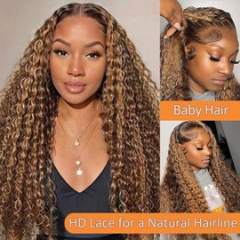 Highlight Ombre 13x6 Lace Front Wig Human Hair Honey Blonde Deep Wave Lace Front Wigs Human Hair 4/27 HD Transparent 22inch Lace Frontal Wigs for Women 200 Density Glueless Wigs Pre Plucked Pre Cut