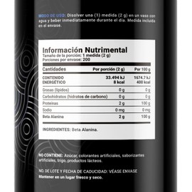 Beta Alanina en polvo 400 gr con 200 servicios. Ingredientes naturales. Beta Alanine B Life.
