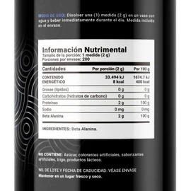 Beta Alanina en polvo 400 gr con 200 servicios. Ingredientes naturales. Beta Alanine B Life.