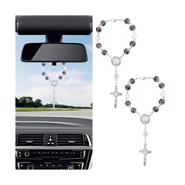 Zpana Rosary Cross Car Rearview Mirror Charm, 2PCS Hanging Vehicle Rear View Beads Pendant Decors, Religious Blessing Auto Interior Decoration Accessories, Universal for SUV RV Truck(Coffee)