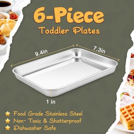 HaWare Stainless Steel Kids Plates, 6-Piece Metal Dinner Dish Set for Toddler Children, 9.4’’ x 7.3 ’’ x 1’’ Snack Food Tray Plate, Baking Sheet Pan for Oven, Non-Toxic and Dishwasher Safe