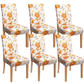 Fall Thanksgiving Chair Covers Set of 6, Watercolor Pumpkin Maple Leaf Dining Chair Protectors, Elastic Removable Washable Dining Chair Covers for Fall Thanksgiving Kitchen Dining Room Holiday Decor