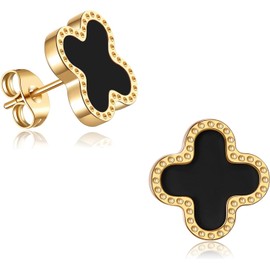GoFunway 18K Gold Plated Clover Stud Earrings for Women Four Leaf Clover Lucky Dangle Earrings Simple Jewelry Gifts for Womens Girls (Black)