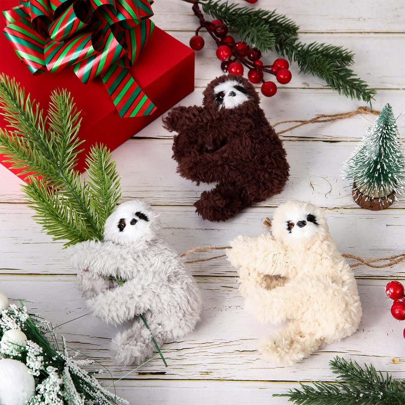 3 Pcs Christmas Sloth Ornaments Furry Animal Plush